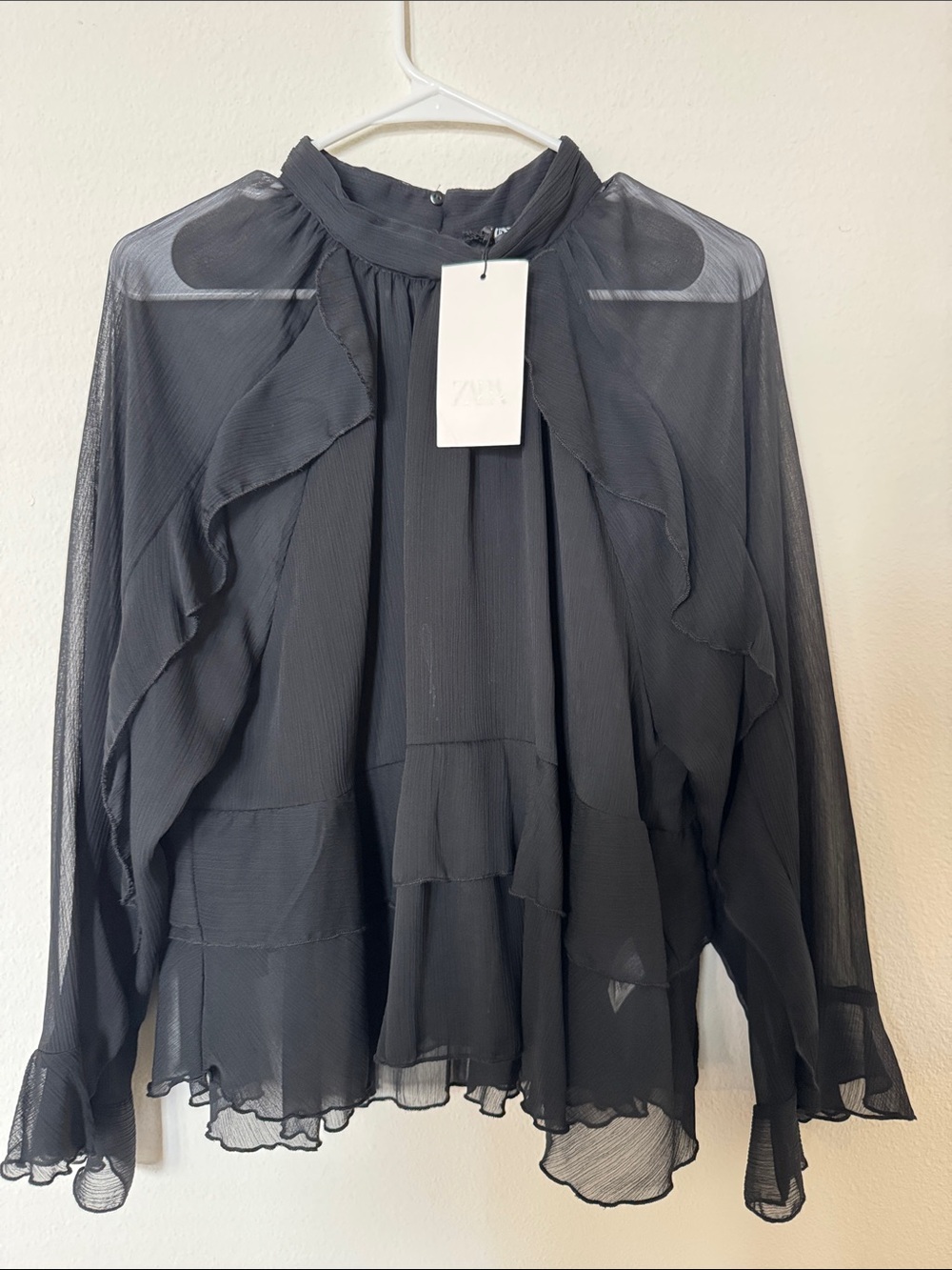 ZARA Womens Black Ruffle Chiffon Blouse